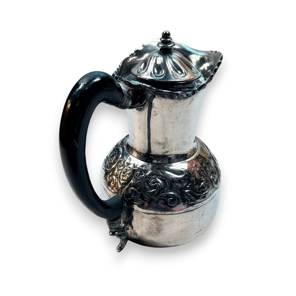 Antique Silverplate Hinged Lid Pitcher, Ornate Victorian Style, Black Handle