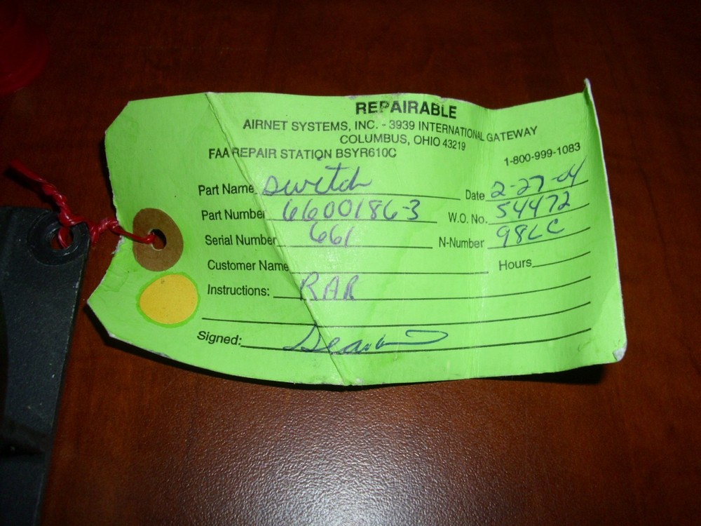 Learjet Warning Switch, P/N DRA76C-13, 6600186-3 Mach