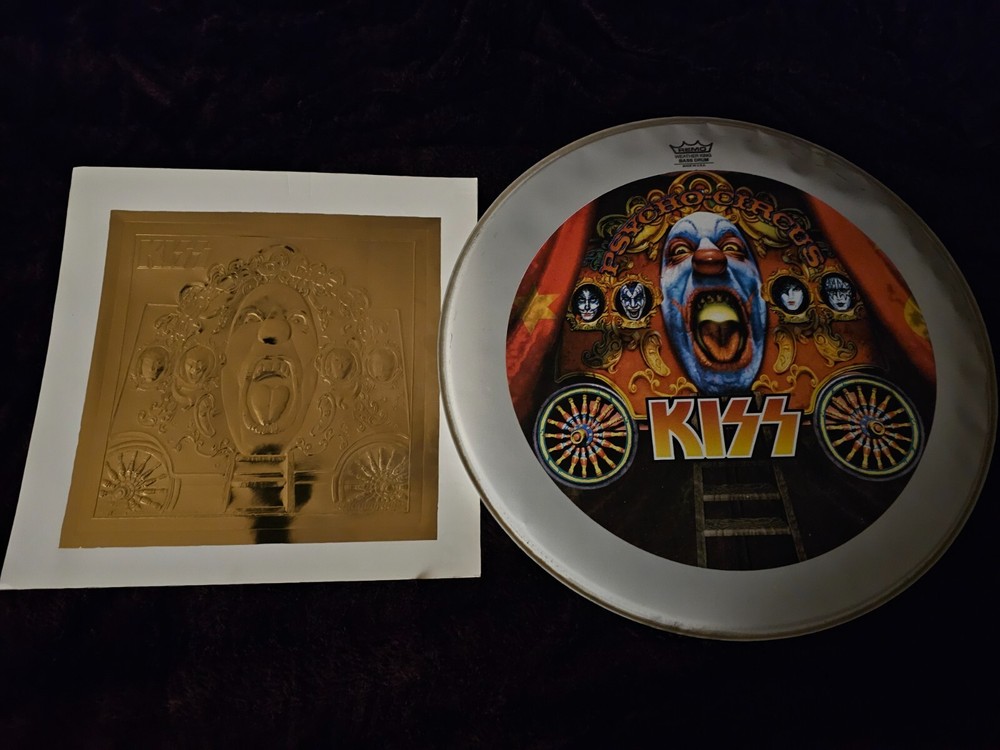KISS PSYCHO CIRCUS 22" DRUM HEAD + GOLD FOIL ALBUM PRINT! Gene Paul Peter Ace
