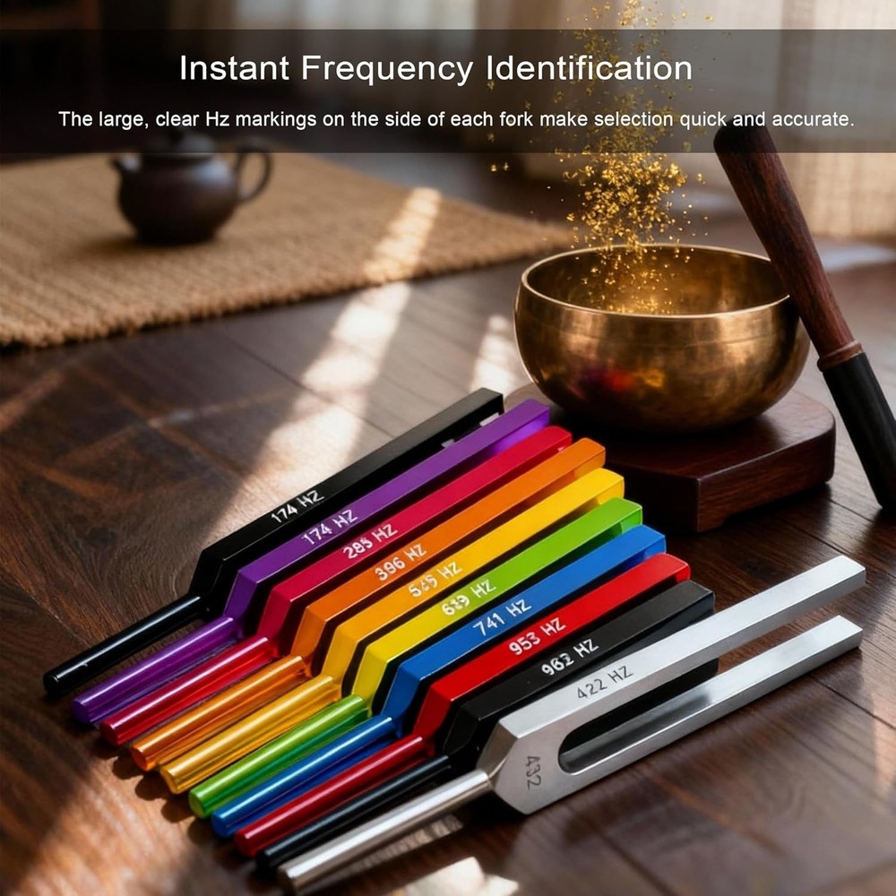 Versatile 10-Piece Solfeggio Fork Set - Meditation, Therapy, and Chakra Healing