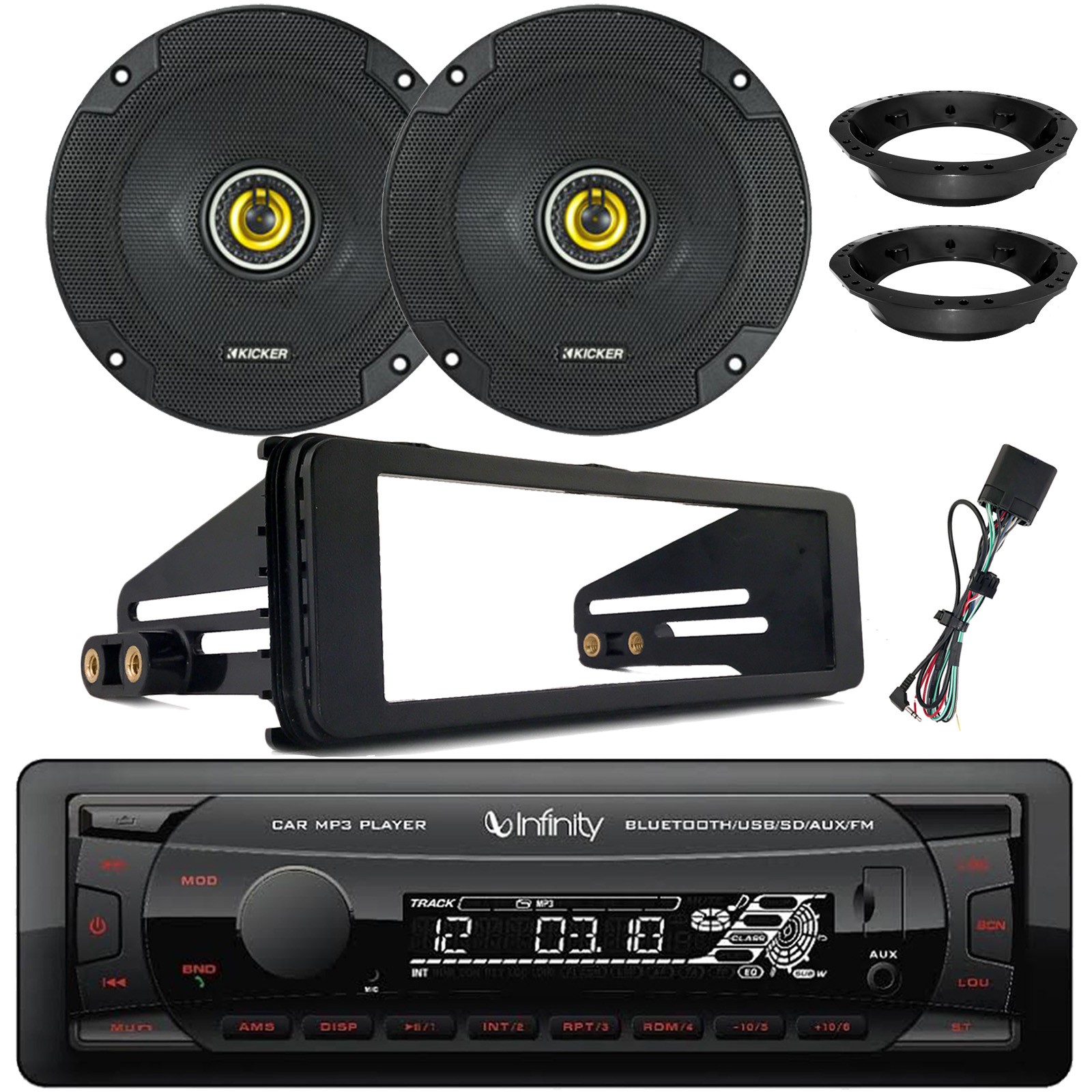 Infinity Radio Receiver, 2x 6.5" 300W Speakers w/Adapters, Harley Install Kit