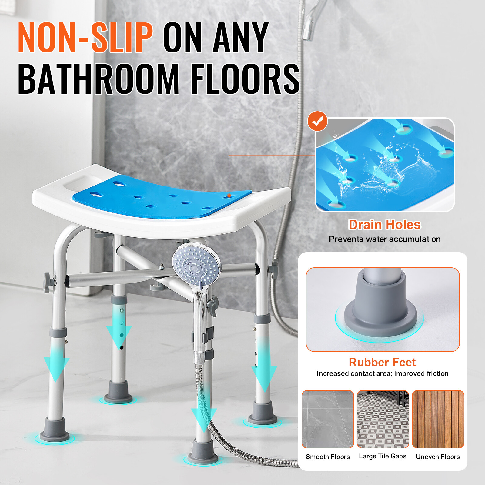 VEVOR Shower Chair 500Lb w/Padded Bath Seat Adjustable Shower Stool Non-Slip