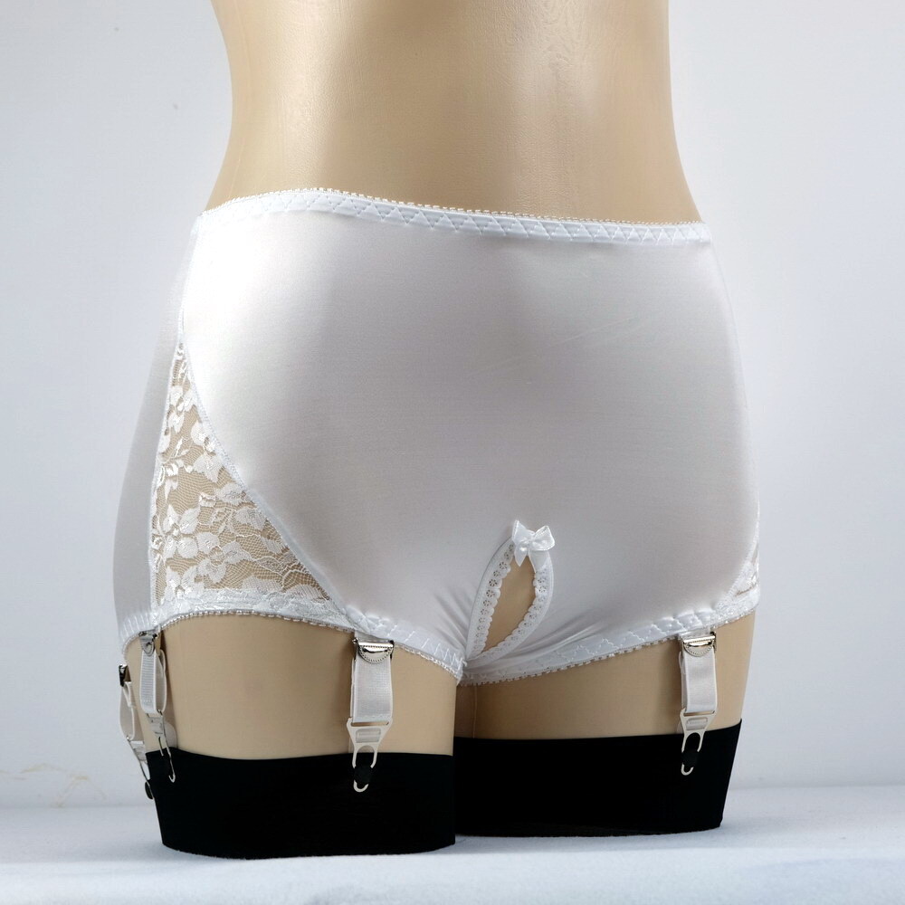 Luxallacki Crotchless Garter Panties 6 Straps Metal Clips Lace Satin Lingerie