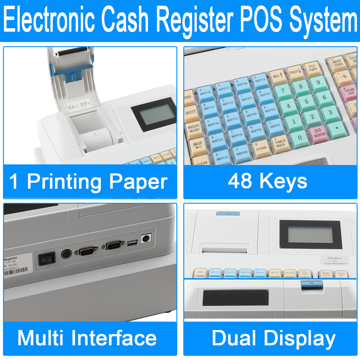 48 Key Electronic Cash Register LED Display Retail POS System Cash Register 12V