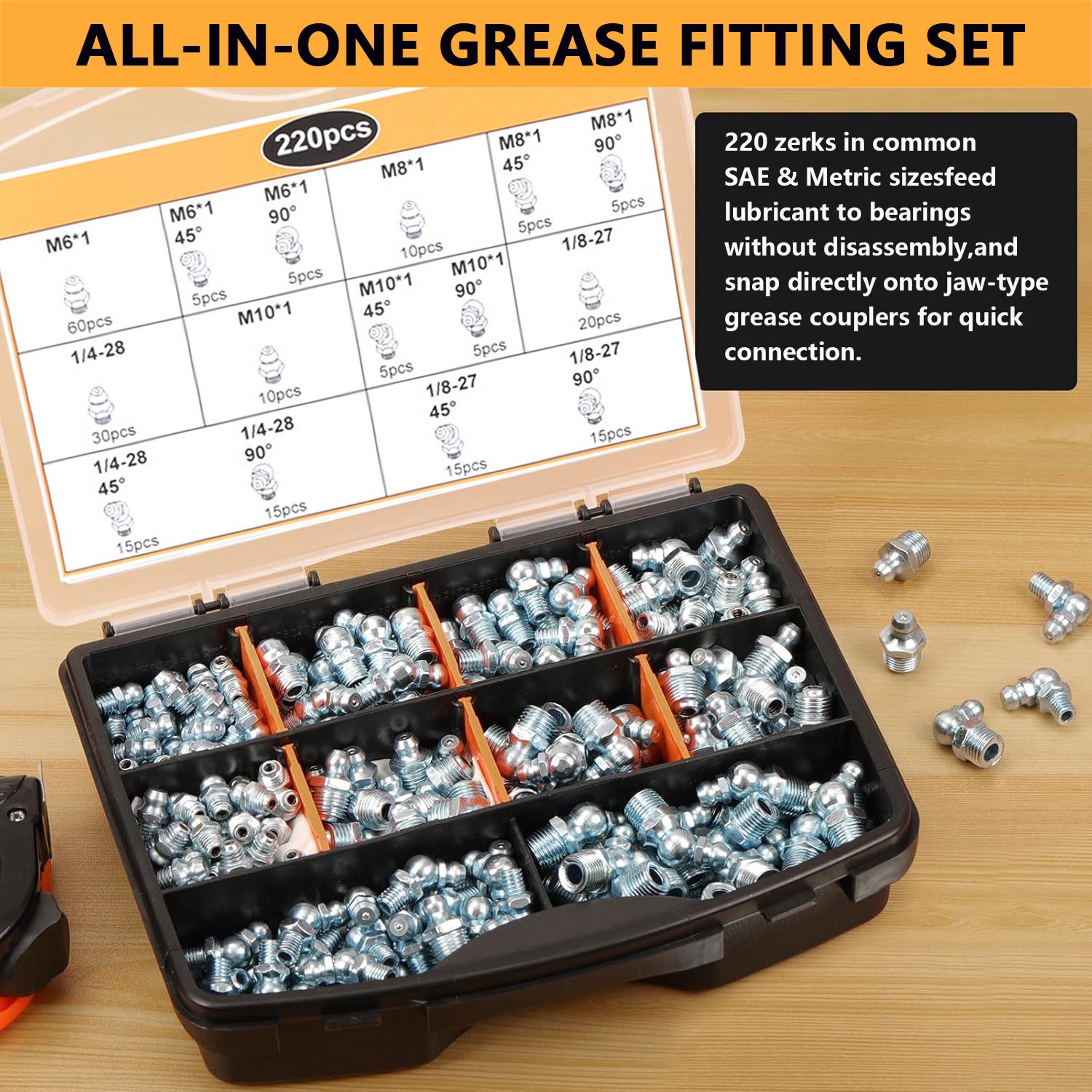 220pcs Metric & SAE Hydraulic Lubrication Grease Zerk Fittings Assortment Set