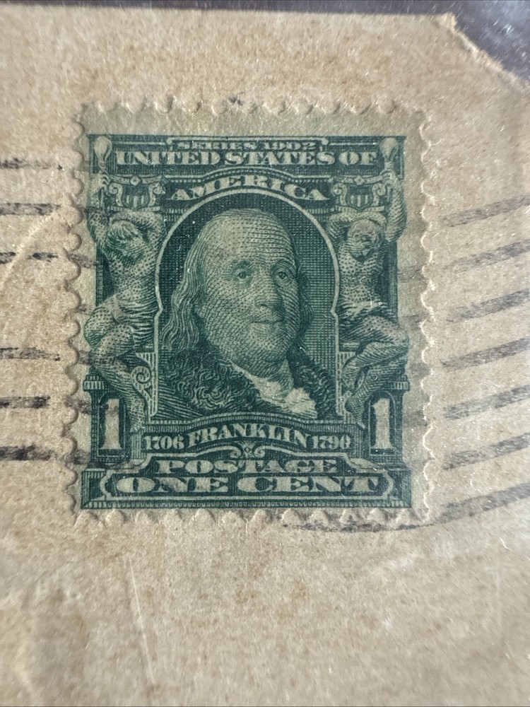 Rare BENJAMIN FRANKLIN 1 Cent US Stamp on Postcard 1907