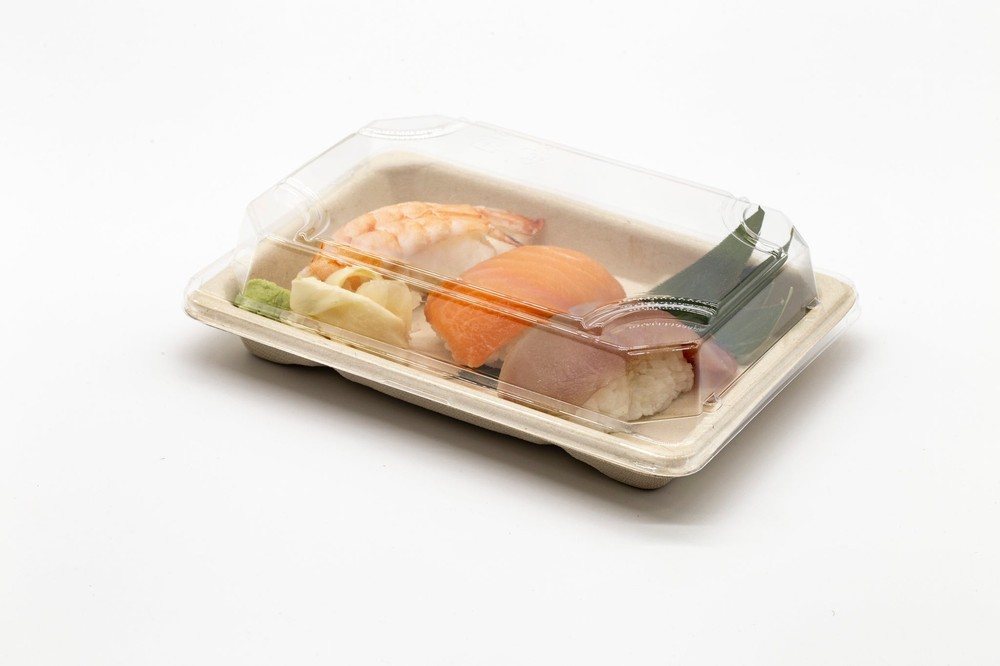 ST-3G Bagasse / sugarcane Disposable Sushi Tray Containers with Clear Lids