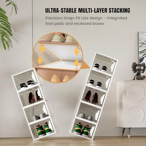 X-Large Stackable Shoe Boxes - Clear Plastic Shoe Storage Boxes 6 Pack White