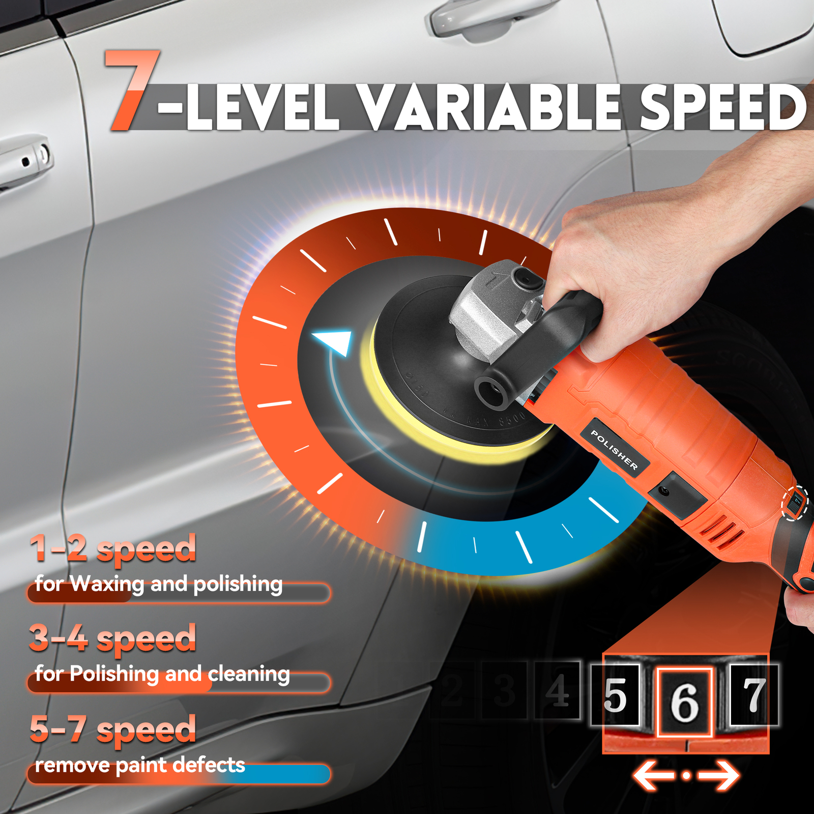 Car Buffer Polisher Waxer 7-Speed Rotary 6" + 7" Backing Plate Polishing Machine
