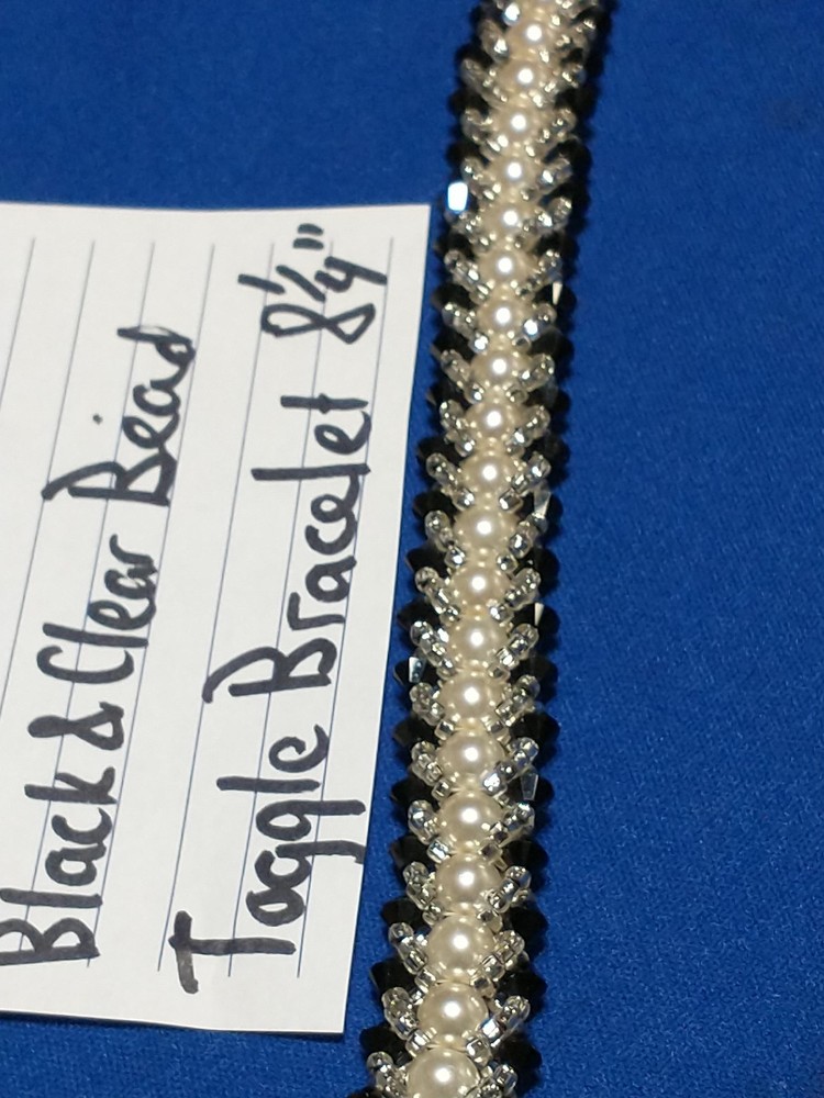 FAUX PEARL & BLACK & CLEAR BEAD TOGGLE BRACELET 8 1/4" CLASSY!