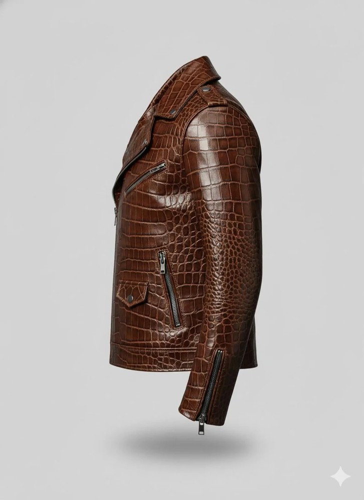 Men Authentic Crocodile embossed Leather Jacket Custom Fit Outerwear, Handmade