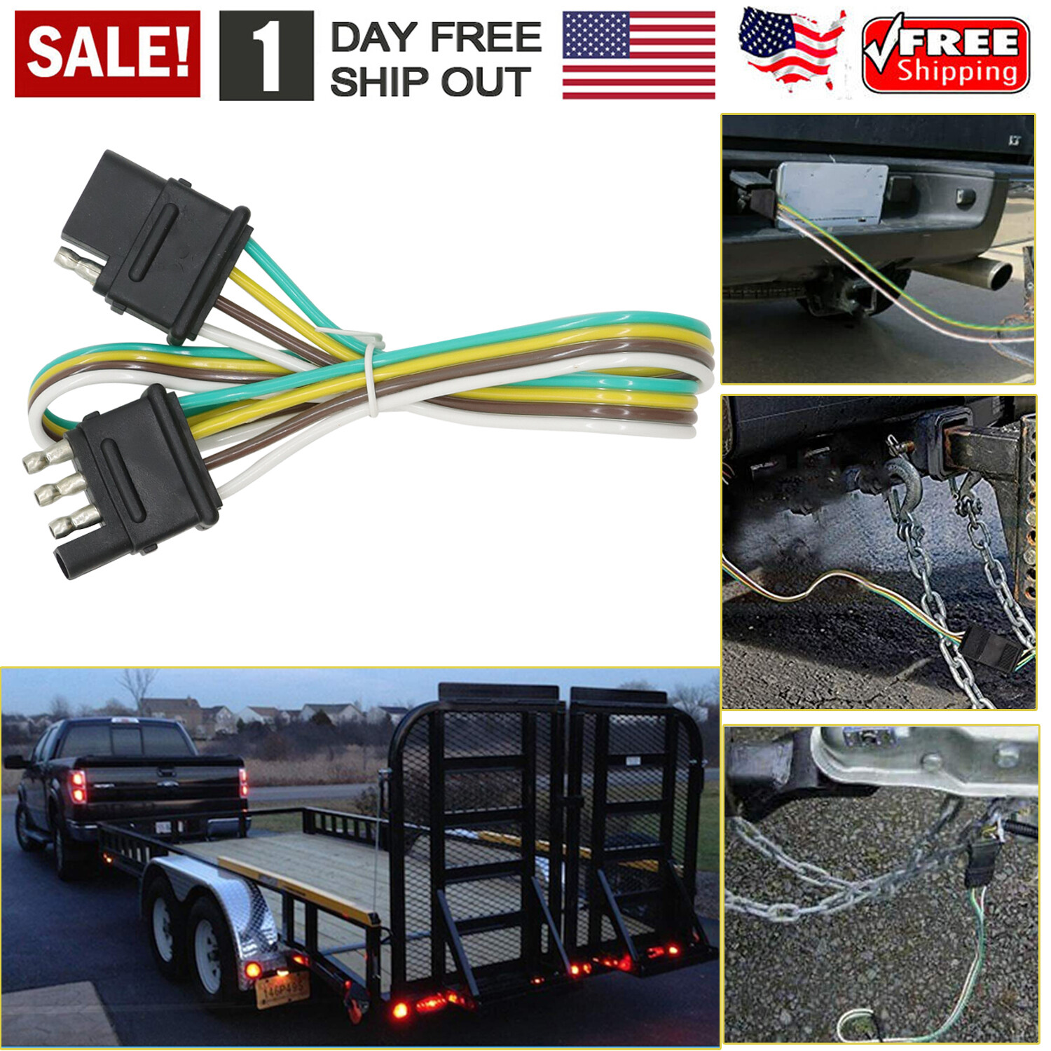 2ft Trailer Light Wiring Harness Extension 4-Pin Plug 18 AWG Flat Wire Connector