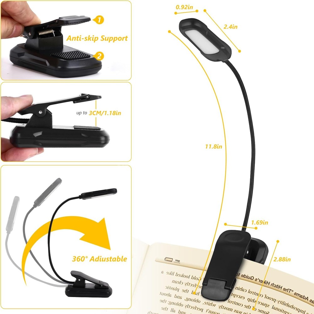9 LED Rechargeable Clip On Book Light Lightweight Reading Lamp Light Studying