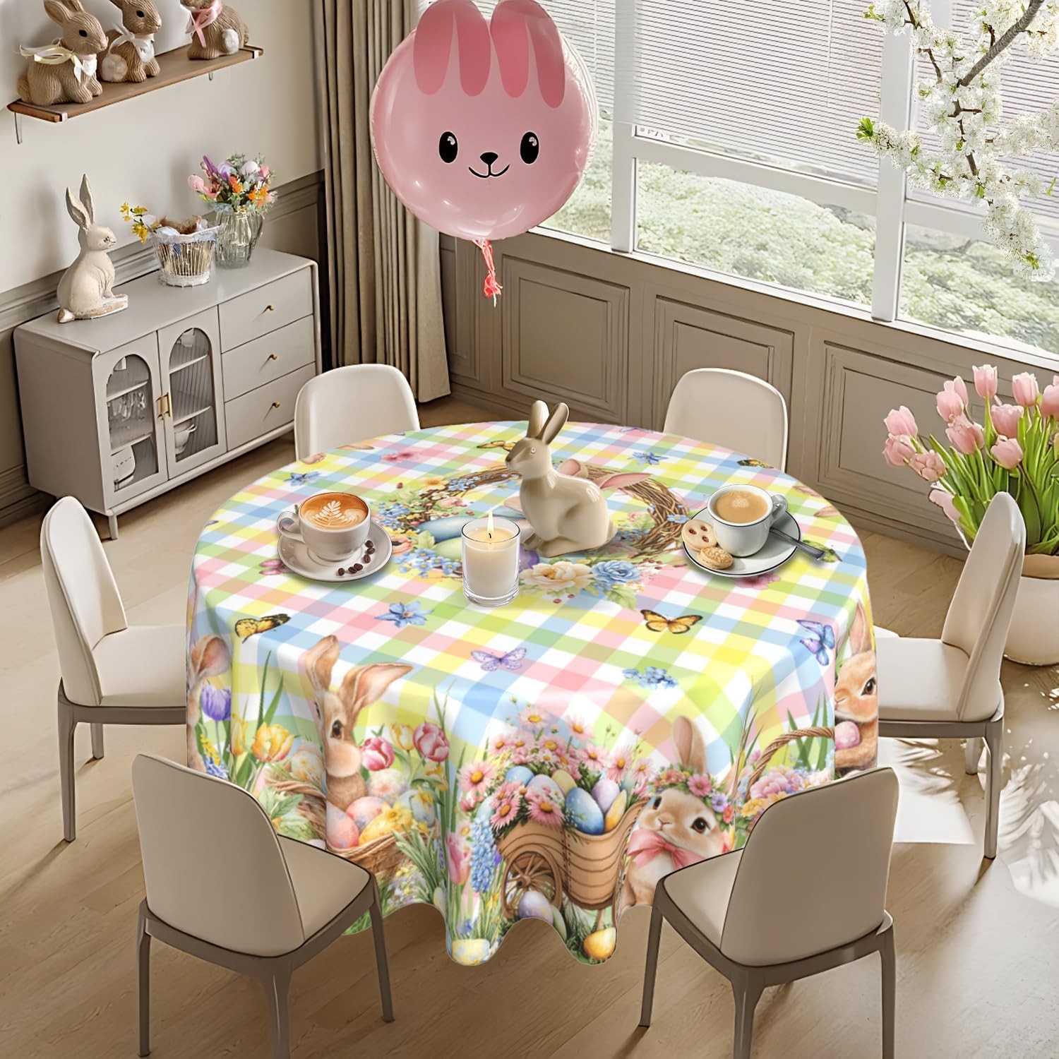 Easter Tablecloth Round 60 Inch Spring Summer 60" (Round), Bunny