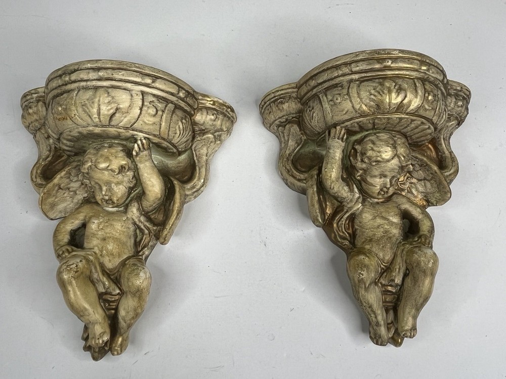 Vintage Cherub Wall Sconces Plaster Distressed Pair
