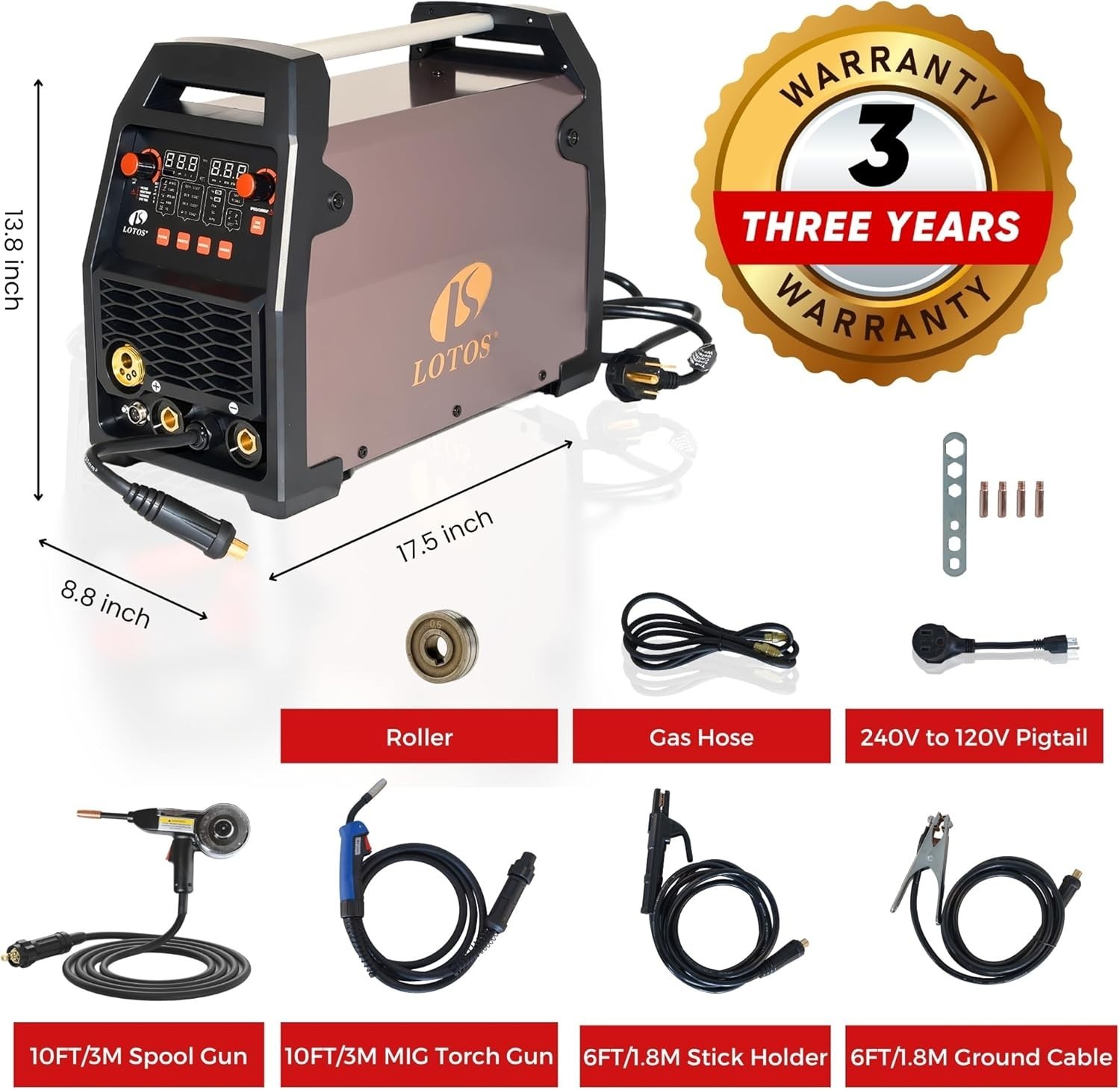 LOTOS MIG180SP MIG Welder with Aluminum Spool Gun, 225A 110/220V, 6 in 1 Gas MIG
