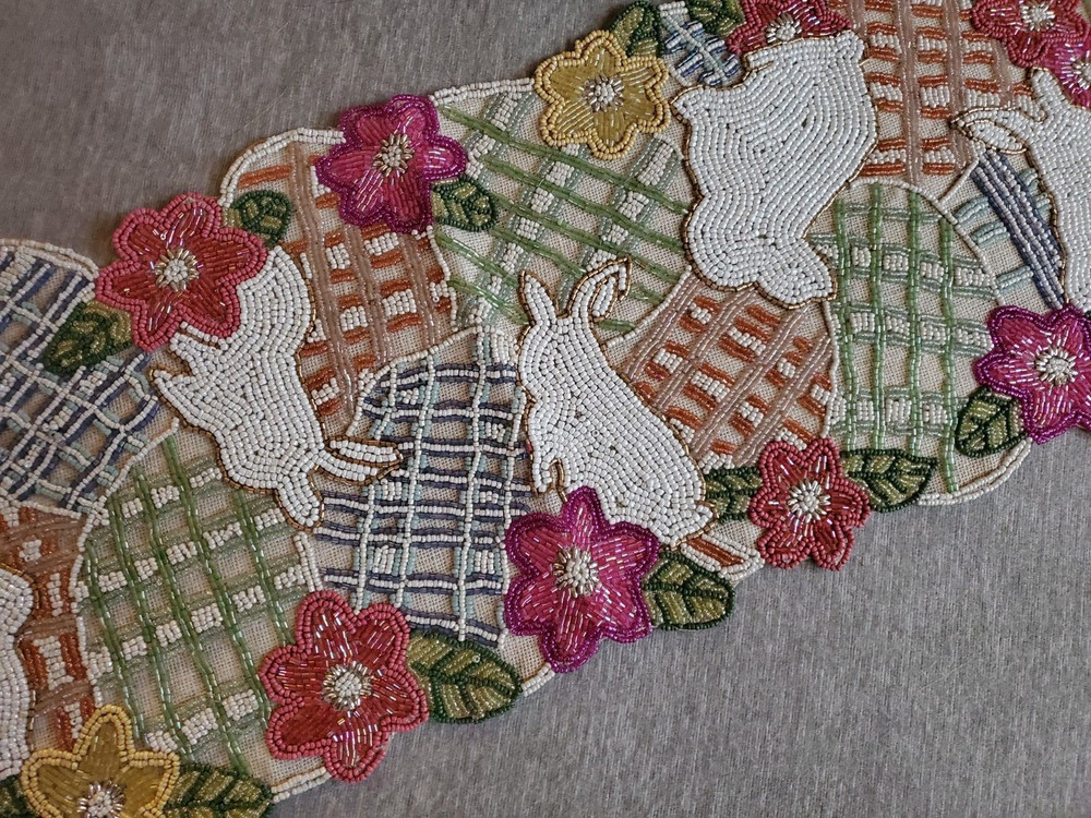 Easter Beaded Table Runner Pastel Bunny Eggs Floral