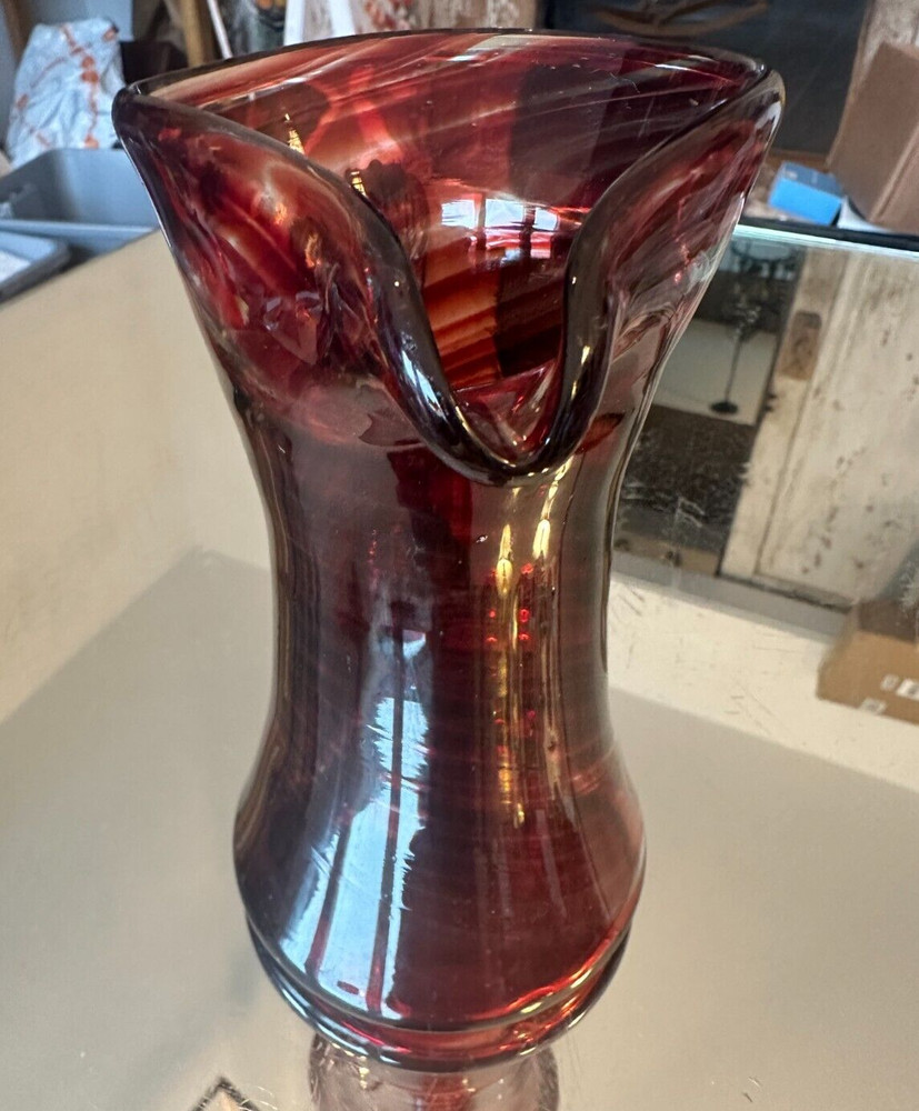 Hand blown Glass Ruby Red Pitcher Applied Ribbed Clear Glass Handle Bubbles Read