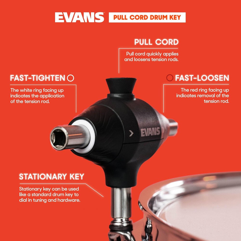 Evans Pull Cord 3-Head Drum Key for Fast Tuning - Mechanical, Durable