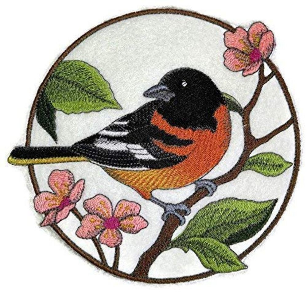 Oriole & Cherry Blossom Circle Embroidered Patch