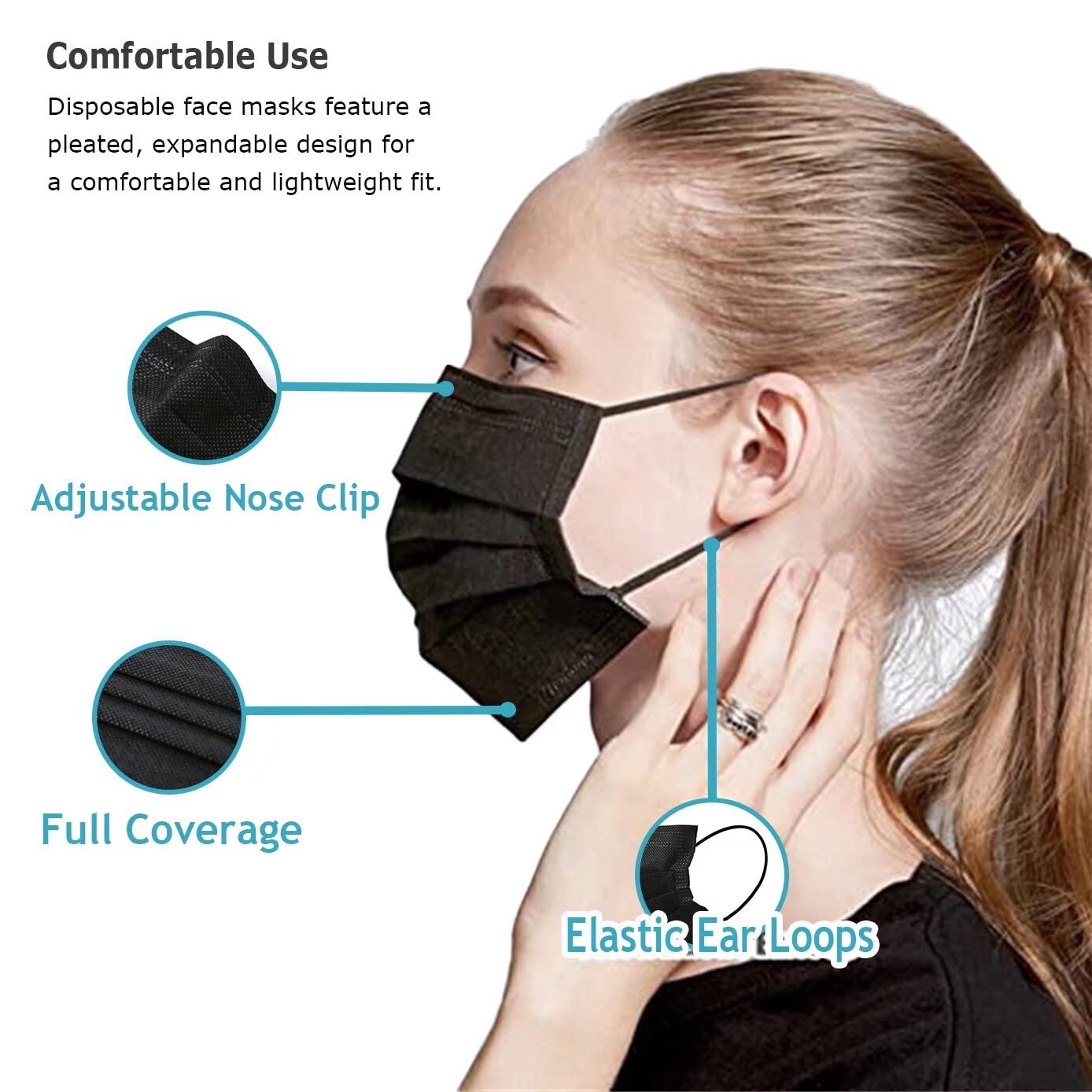 Face Mask 100PCS Adult Black Disposable Masks 3-Layer Filter Protection