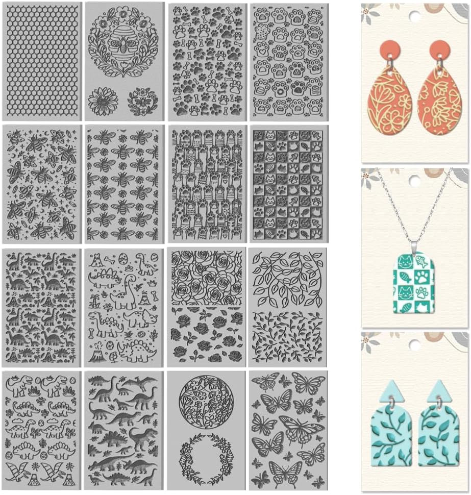 16 Pcs Animals Flowers Pattern Polymer Clay Texture Sheet Bees and Cats Patterns