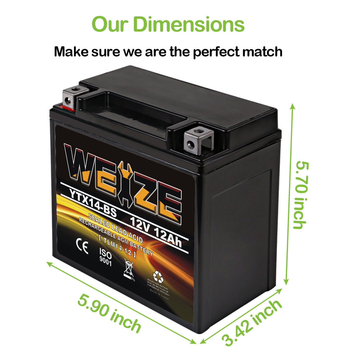 Weize YTX14-BS ATV Battery High Performance - Maintenance Free - Sealed ETX14 BS