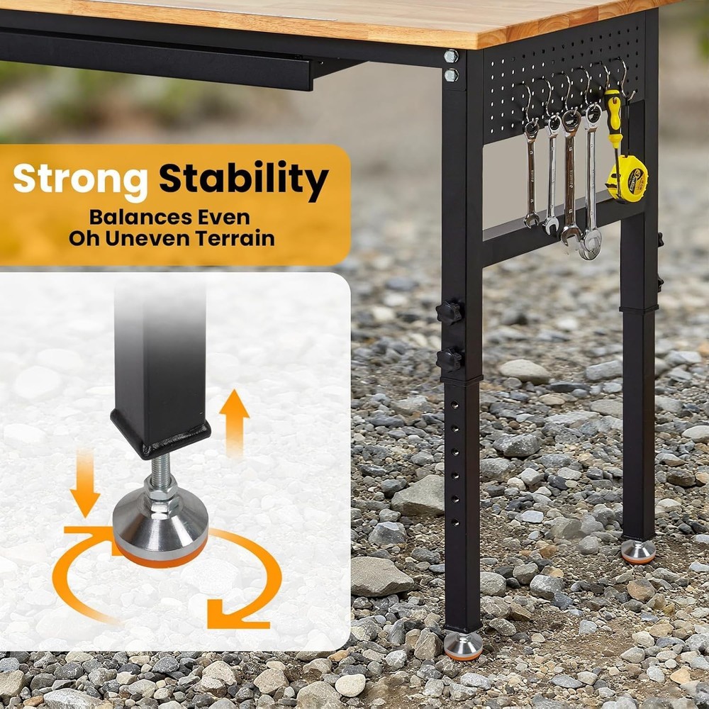 Adjustable Height Workbench 60"x24" Work Bench Table with Power Outlet & Drawers