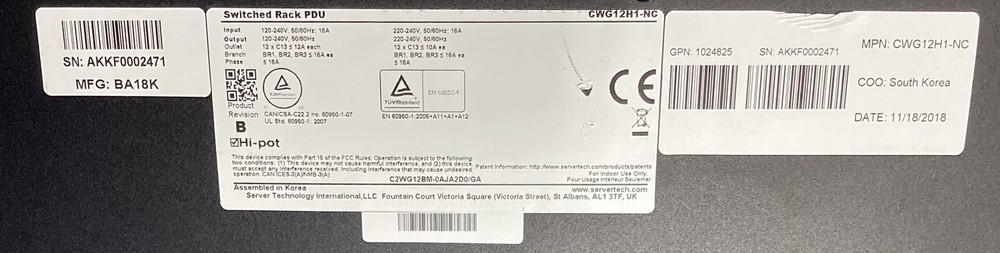 Server Technology CWG12H1-NC Switched Rack PDU
