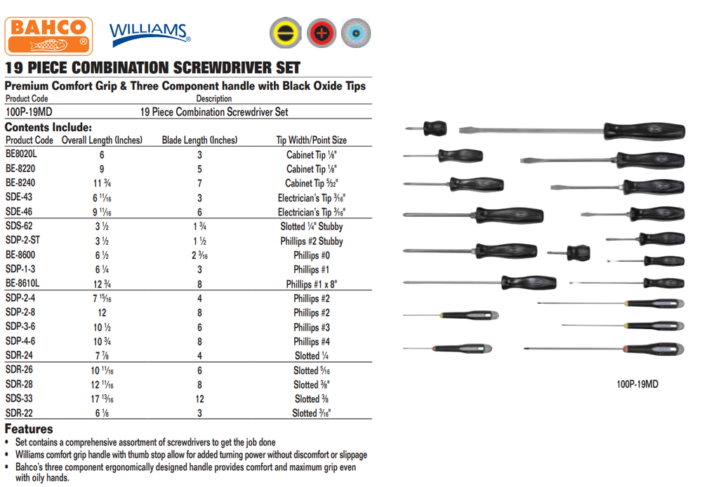 Williams 100P-19MD 19-Piece Premium Mixed Screwdriver Set