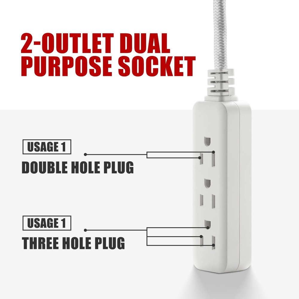 Hyper Tough Indoor 3-Outlet 2ft , 13A 125V White Braided Cable Flat plug
