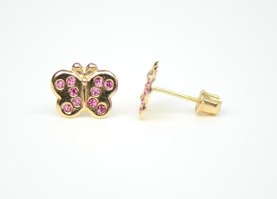14K Solid Yellow Gold Butterfly Stud Earring with CZ