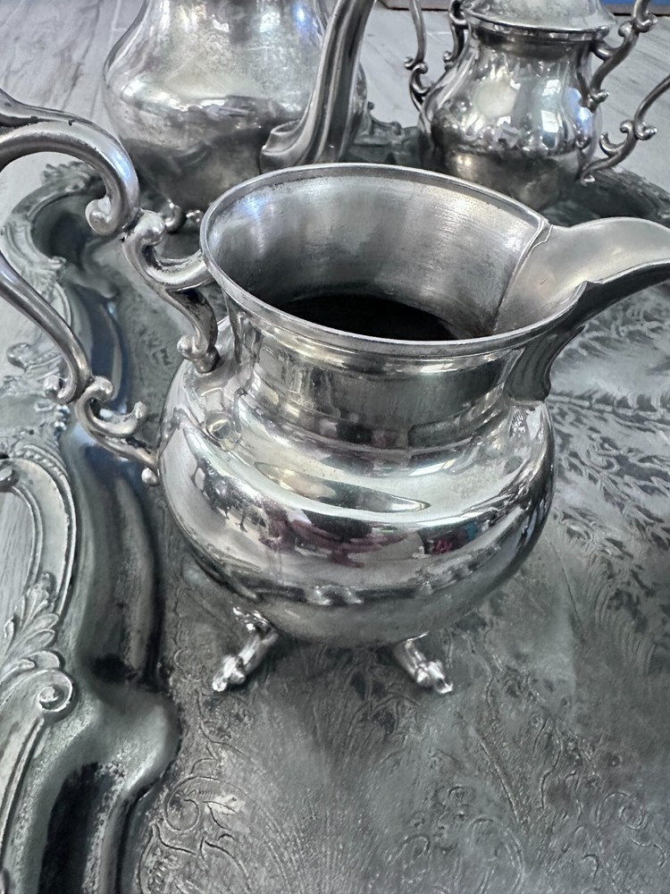 Vintage Beautiful Silver on Copper Tea set 5 pcs., used, tray and vases.