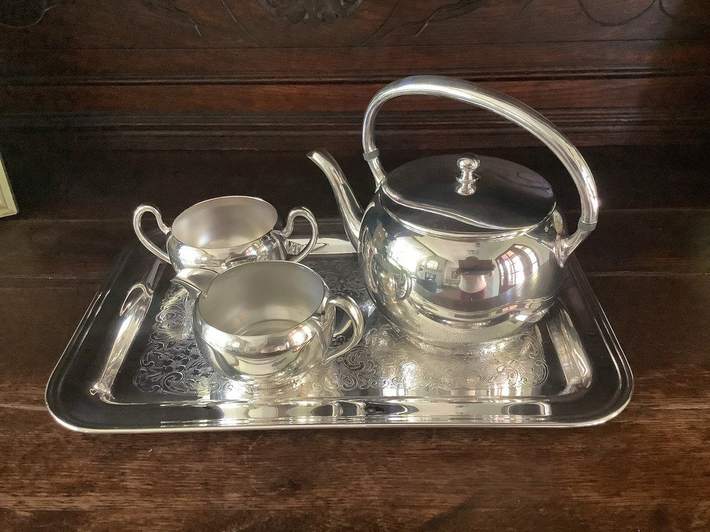 Vintage Academy Silver on Copper 5 Piece Set Tray, Creamer & Sugar, Teapot & Lid