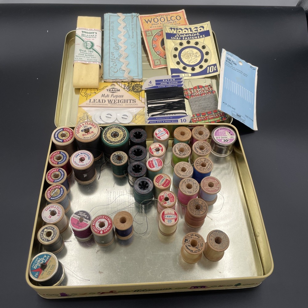 Vintage Thread In Whitmans Tin Wooden Spools