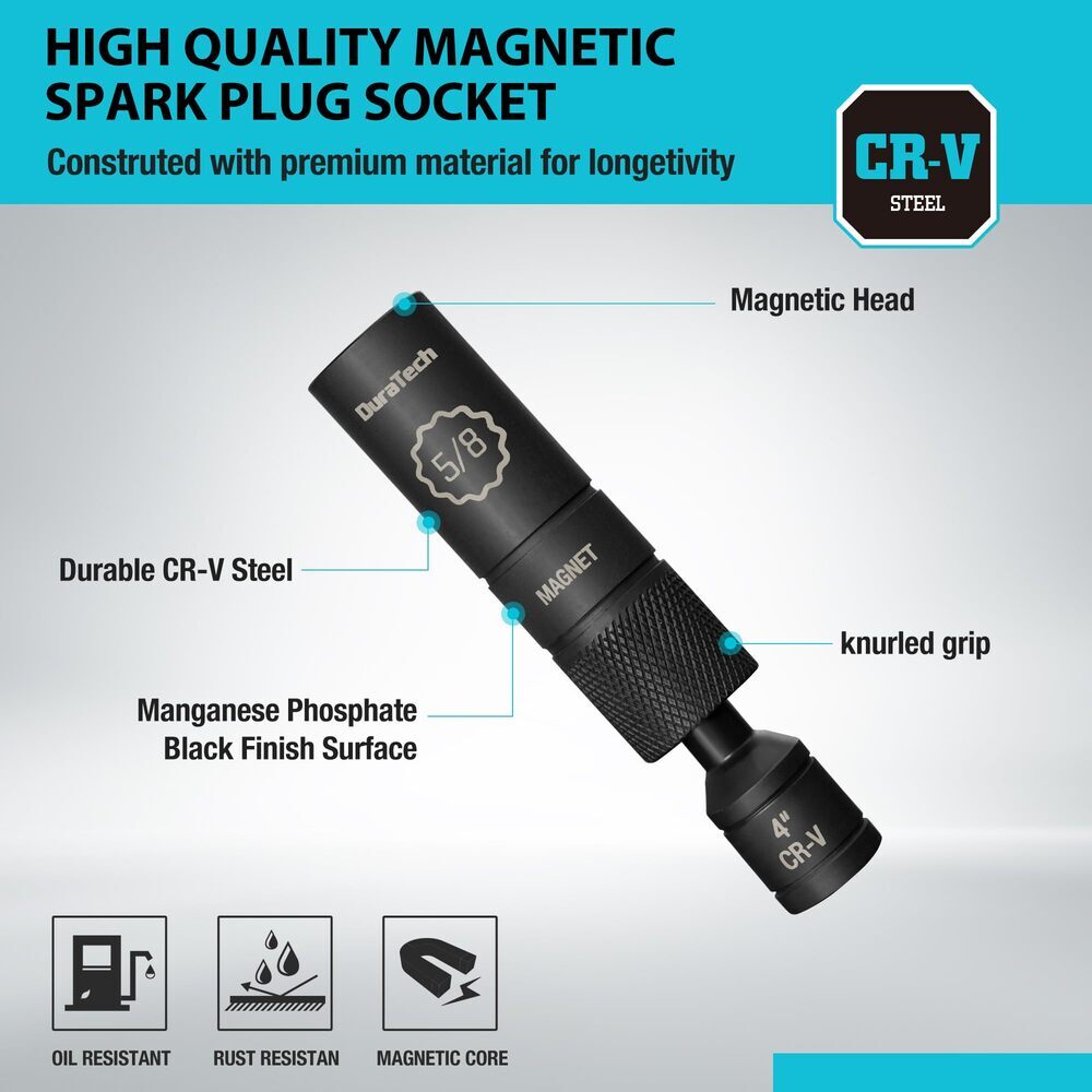 DURATECH 5/8" Swivel Magnetic Spark Plug Socket 1MM Thin Wall 3/8"Drive x4" 12PT