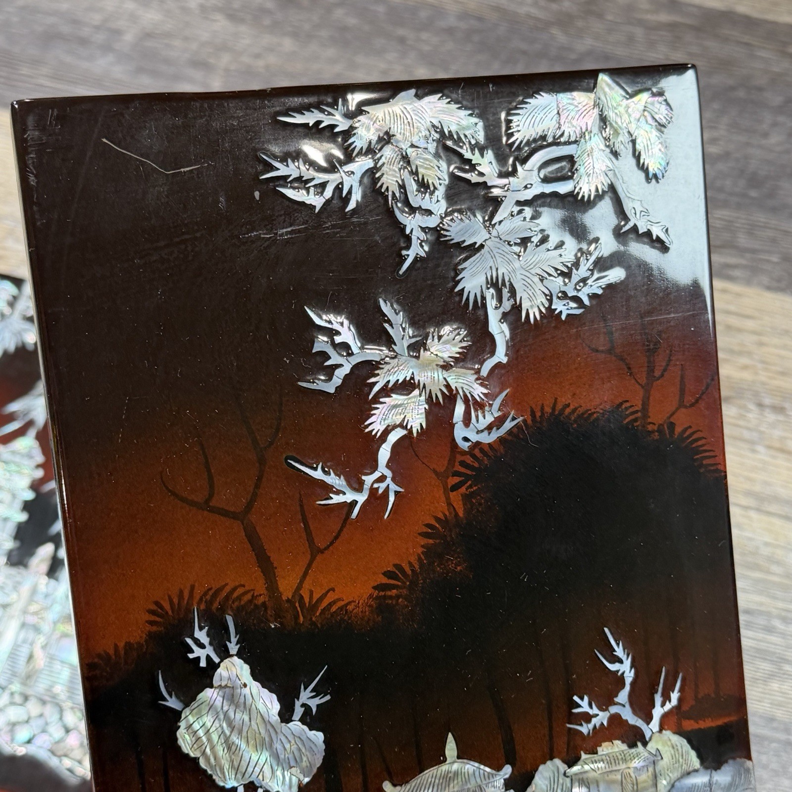 3 Vintage Asian Mother of Pearl Inlay Red Lacquer Wall Panels Village Landscape