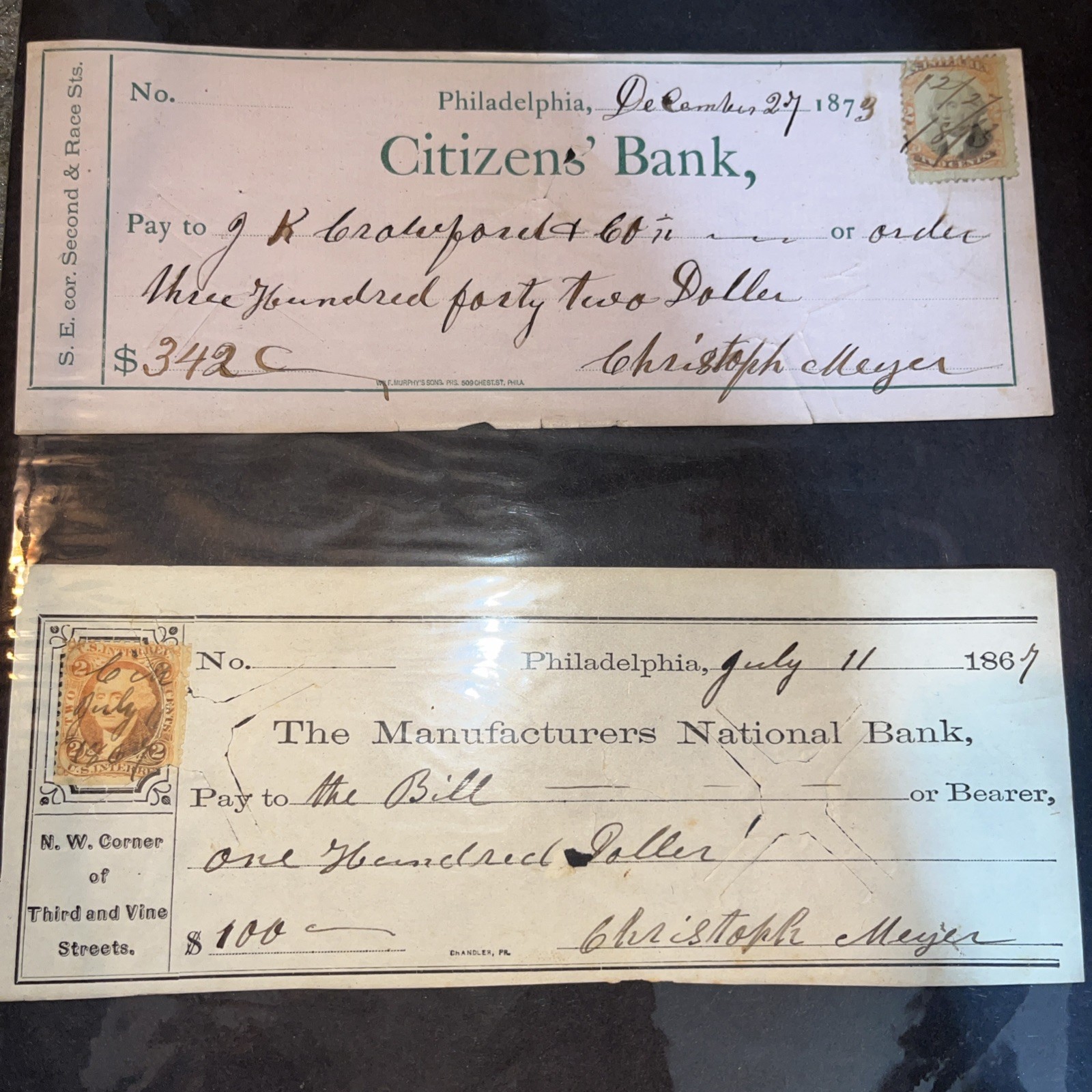 SET OF FIVE HISTORIC PHILADELPHIA REVENUE STAMPED CHECKS 1865-1873 US 2c STAMPS