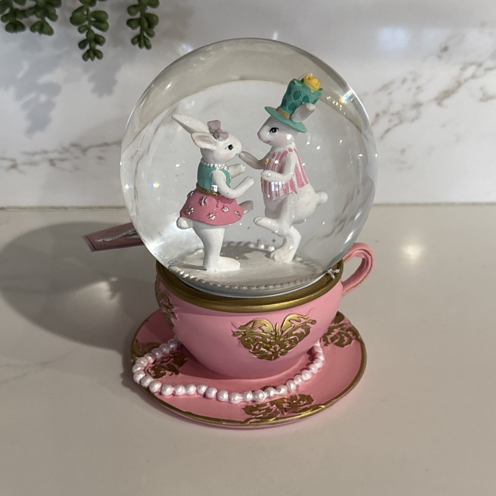 Pink Tea Cup & Saucer Easter Rabbit Snow Globe