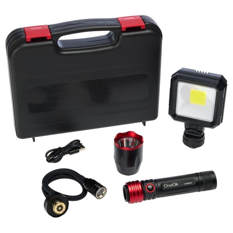 OneClik Interchangeable Rechargeable Flashlight Kit with Storage Case, New