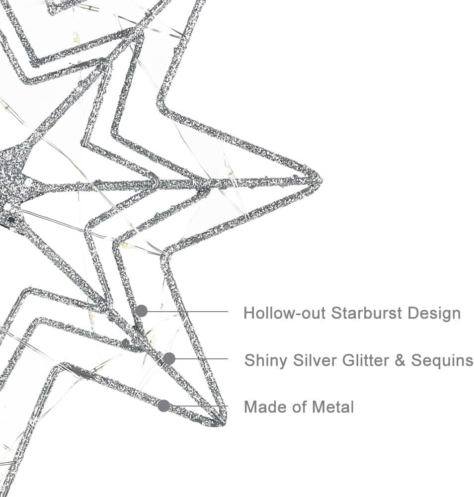 hogardeck Christmas Tree Topper, Glittered Silver 8-Pointed Large,
