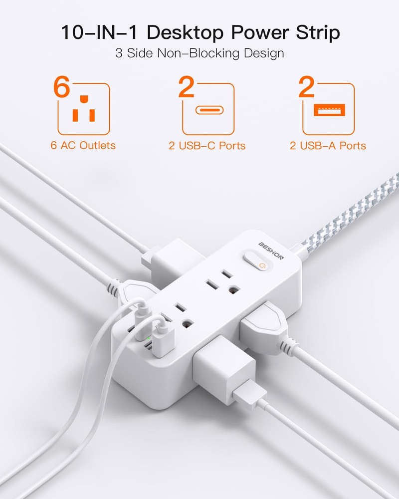 Power Strip Surge Protector, BESHON 5Ft Extension 5FT-Right Angle Plug, White