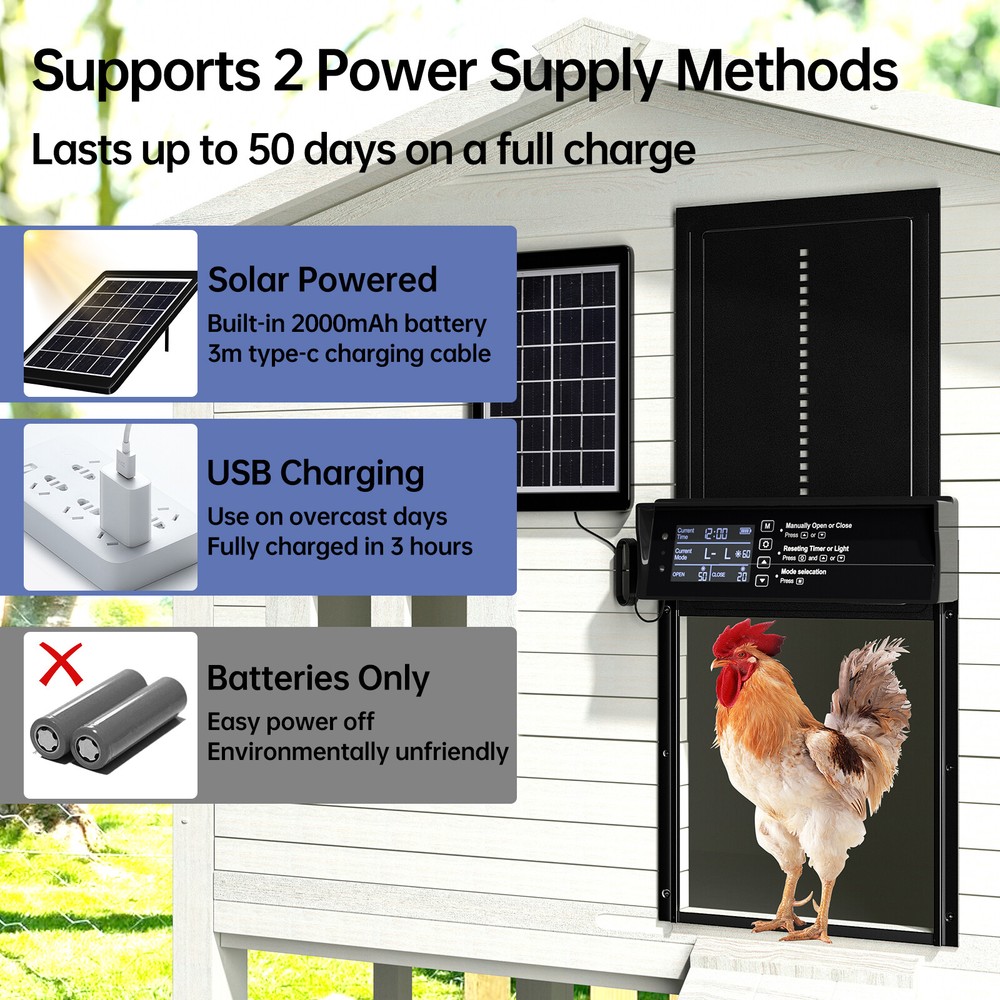 Solar Automatic Chicken Coop Door Auto Chicken Door Opener Timer & Light Sensor