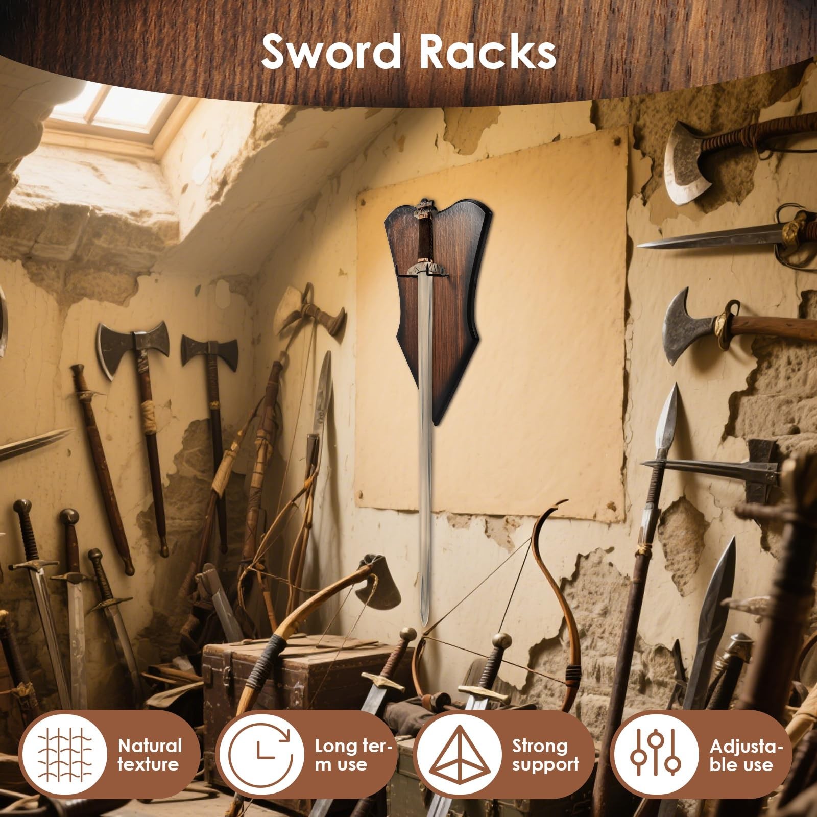 Sword Plaque Wall Mount, Adjustable Wooden Sword Holder Wall with Hardware,Wo...