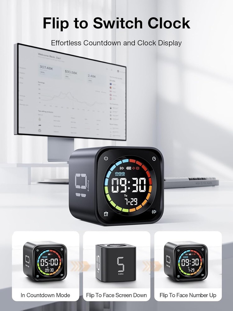 TK3 Pomodoro Timer Cube, Desk Productivity Timer with 5/10/30/60 Min Presets