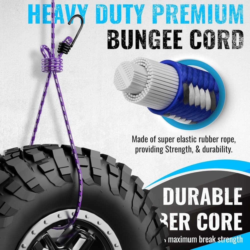 Durable 20-Piece Multicolor Bungee Cord Bundle with Hooks - Maximum Load 50kg
