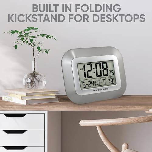 Large Digital Wall Clock with Date, Day & Temperature – Battery 9" Silver