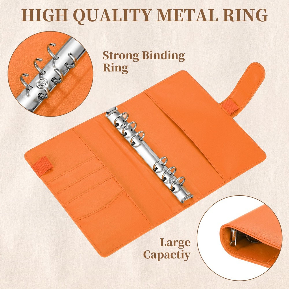 A6 PU Leather Binder Protector, 6 Ring Loose Leaf Notebook Shell, Orange