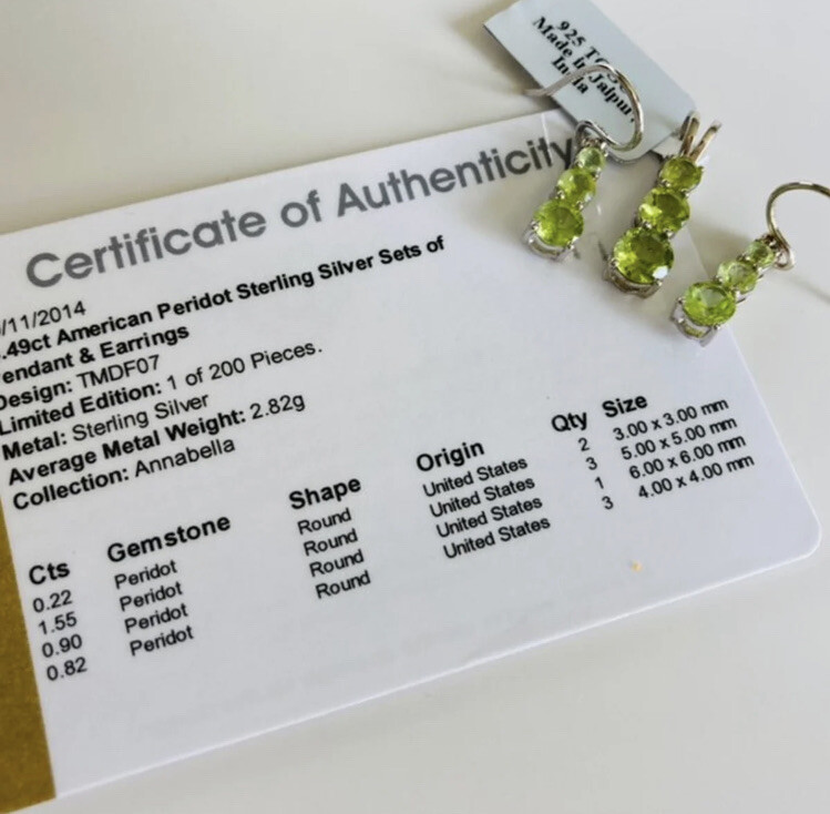 CERTIFIED NATURAL PERIDOT PENDANT & EARRINGS SOLID 925 STERLING SILVER SET