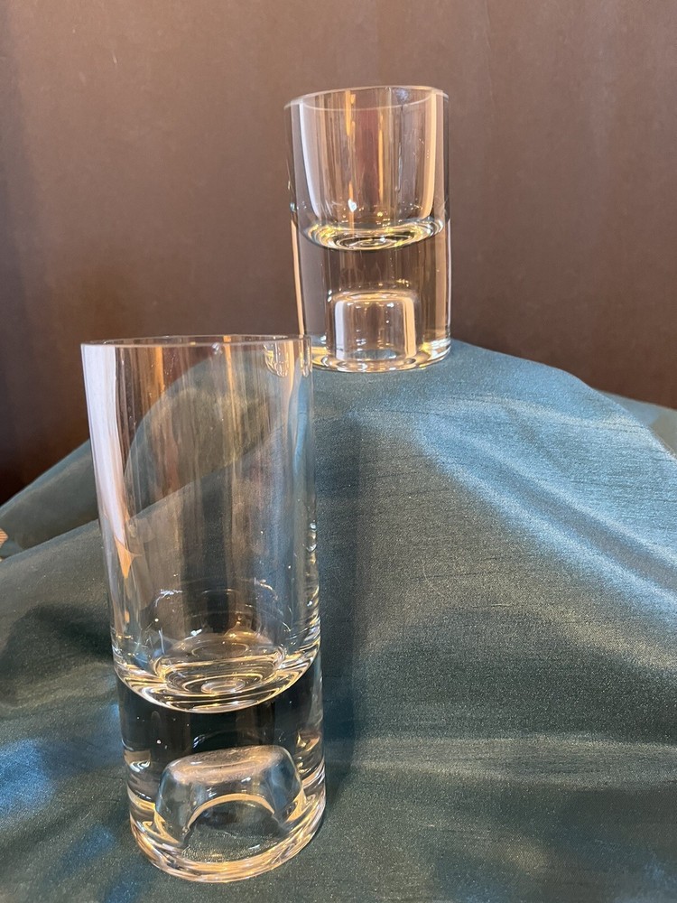 Lead Crystal Cylindrical Candle Stick Holders - Pair Staggered Height